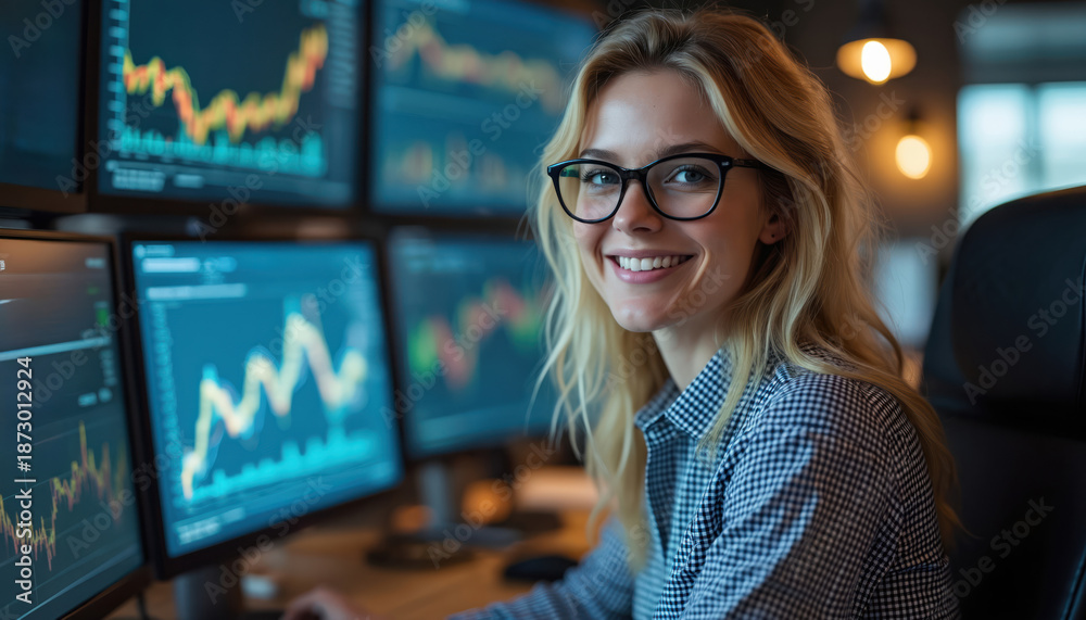 Fototapeta premium Woman smiles near trading platform. She looks on stock market data at multiple monitors. Female trader works with graph charts at office. Businesswoman analyzes digital investments, financial reports.