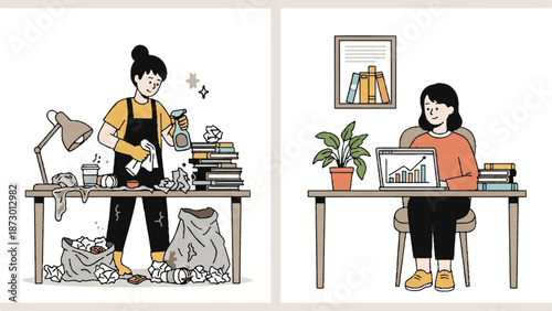 Before and After Workspace Organization — Decluttering for Productivity Concept Illustration, chaotic workspace being cleaned on the left with a clean, orderly and productive workspace