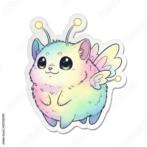 Fluffy rainbow creature with butterfly wings and antennae isolated on a transparent background pastel