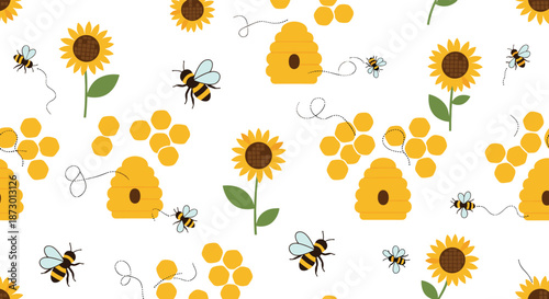 Cheerful seamless pattern depicting a vibrant summer scene with cute bees flying around bright yellow sunflowers, beehives, and sweet honeycomb clusters.