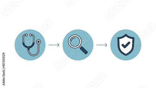 Medical Checkup Process: Stethoscope, Magnifying Glass, Shield Icon