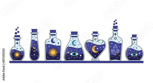 Collection of mystical potions in ornate glass bottles, filled with sparkling dark blue liquid containing various celestial and magical symbols.