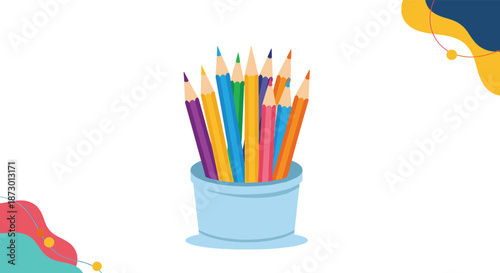 Simple and clean illustration of a light blue cup filled with a variety of sharpened, colorful pencils against a white background with abstract shapes.