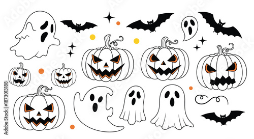 Collection of hand-drawn Halloween illustrations including spooky jack-o'-lanterns, cute ghosts, and flying bats in a black and white doodle style.