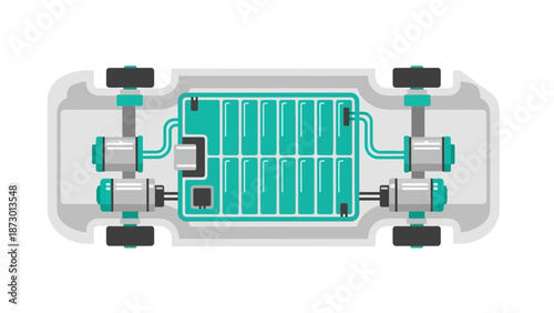 Electric vehicle chassis with battery and motors.