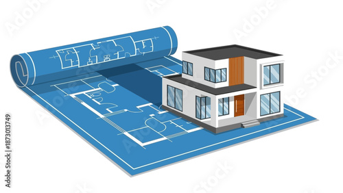 Modern House Model on Blueprint Architectural Plan.
