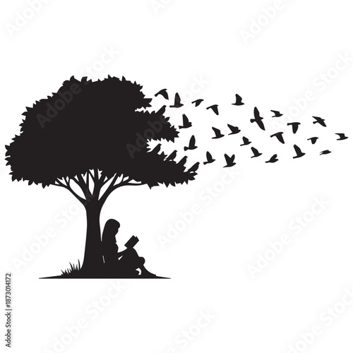 Serene woman reading under tree as birds fly away peacefully
