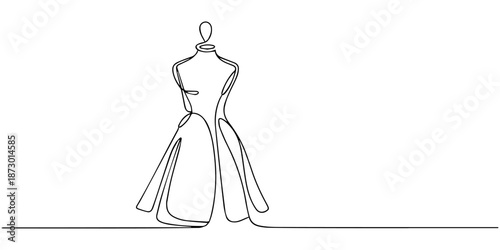 Dressed dummy with one line of continuous line art. Illustration of modern outline design, Dummy with dress. One line continuous dummy with dress, Continuous one line drawing of dress in mannequin.
