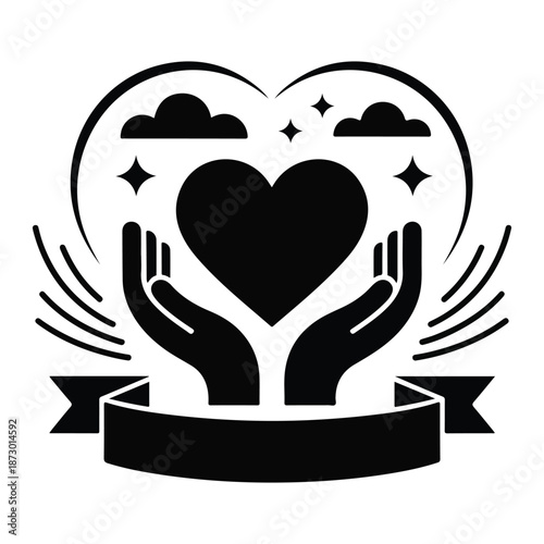 Heart in the Hands Symbol of Care and Compassion: An artistic representation of hands cradling a heart, framed with clouds, stars and a banner. a poignant visual expression of love, kindness.