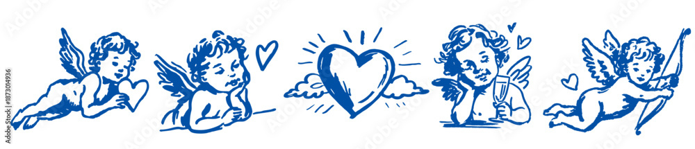 Fototapeta premium Hand drawn cupid cherub illustrations for valentine designs with hearts bows and romantic symbols