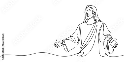 One line drawing of Lord Jesus with outstretched arms. One line vector illustration, continuous line art of jesus christ. one line drawing of lord jesus being crucified on the cross. line art