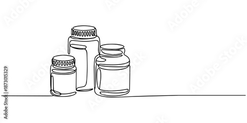 Medicine container, pill bottle, vitamins and supplements jar. Pharmaceutical packaging, Medicine container, pill bottle, vitamins and supplements jar. Pharmaceutical packaging. One line continuous