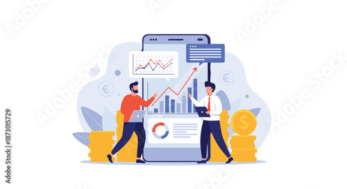 Two business professionals analyzing market trends and financial data on a large mobile smartphone screen with charts and gold coins around.