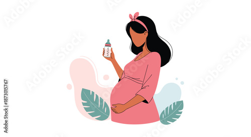 Beautiful pregnant woman wearing a pink dress and holding a baby bottle while standing in a peaceful tropical background with palm leaves.