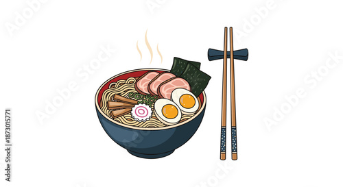 Delicious bowl of hot ramen with boiled eggs, pork slices, and nori seaweed next to traditional wooden chopsticks on a white background.