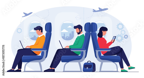 Passengers in airplane seats using laptops and a tablet for work or travel during a commercial flight with a modern cabin interior scene.
