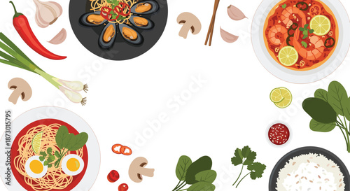 Top view of various delicious food plates including pasta, seafood, rice, and fresh vegetables around a central white copy space area.