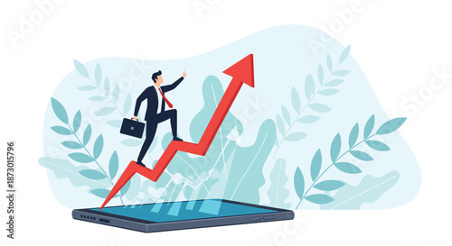 Motivated businessman walking up a rising red arrow on a smartphone screen to achieve career growth and financial success in business.
