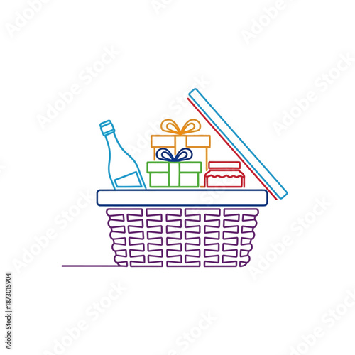 Gift Basket with Presents, Bottle, and Jar - Colorful Line Art Illustration