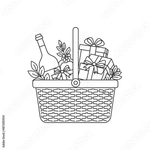 Gift Basket with Wine and Presents Line Art Icon