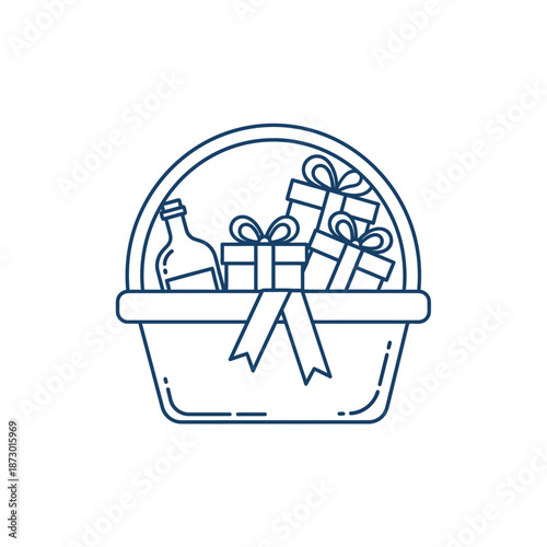 Gift Basket with Wine Bottle and Presents Line Art Icon