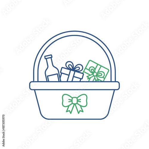 Gift Basket with Wine Bottle and Presents, Festive Celebration Icon