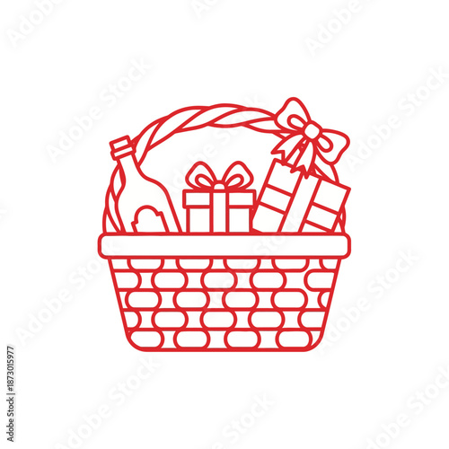 Gift Basket with Wine Bottle and Presents Outline Icon