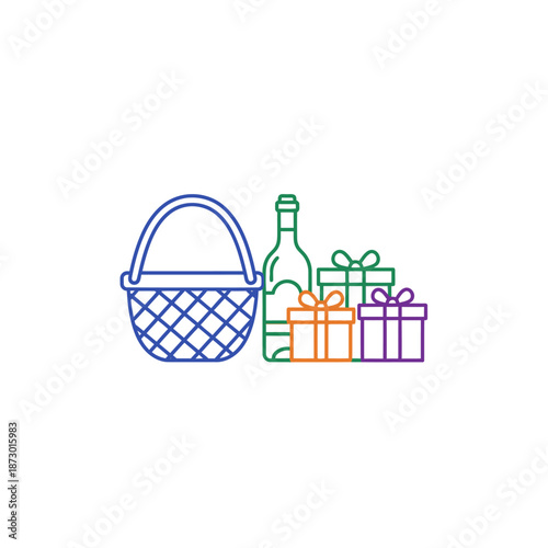 Gift Basket with Wine Bottle and Presents - Simple Line Icon Illustration