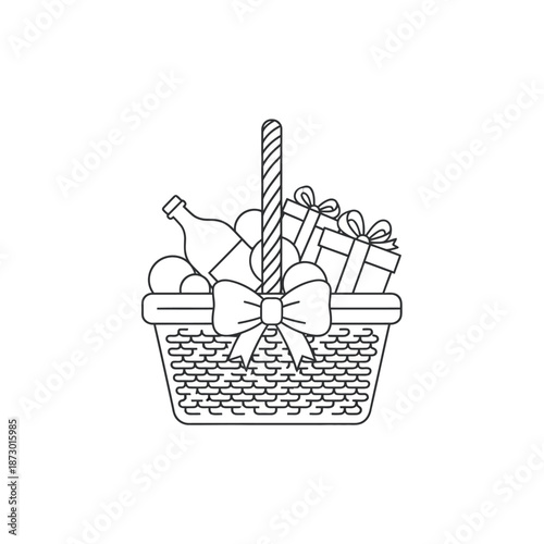 Gift Basket with Wine Bottle and Presents, Festive Celebration Icon