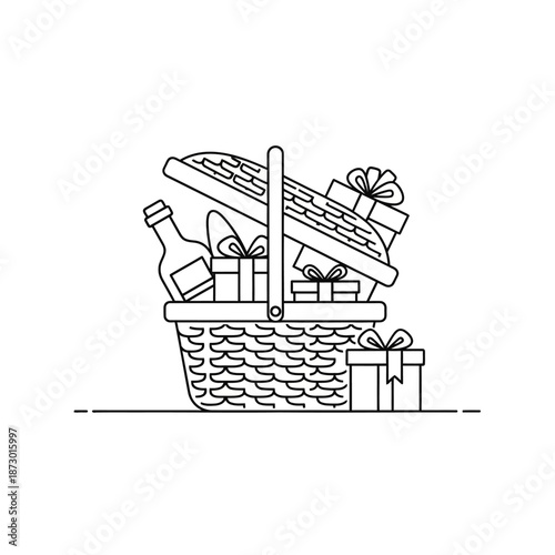 Gift Basket with Wine Bottle and Wrapped Presents, Line Art Icon