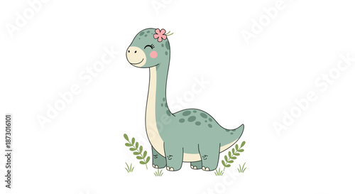 Cute cartoon illustration of a friendly long necked dinosaur with a pink flower on its head standing on a grassy patch with green plants.