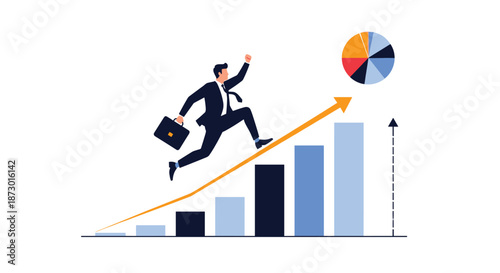 Determined businessman jumping high up a rising bar graph towards a colorful pie chart symbolizing the pursuit of business goals and success.