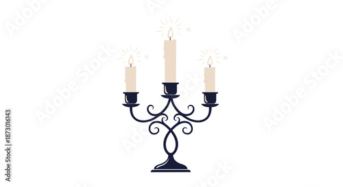 Elegant black metal candelabra holding three lit cream colored candles with glowing flames isolated on a simple and clean white background.