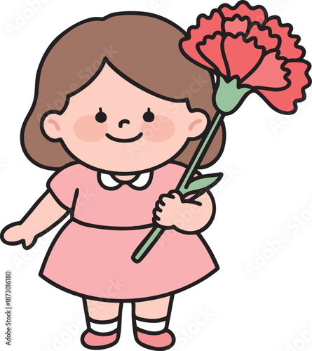 Adorable girl holding a red carnation representing love and gratitude. Family event vector illustration.