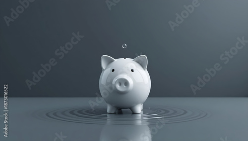 Investment impact and financial liquidity concept with white piggy bank and water droplet for stock market blog header
