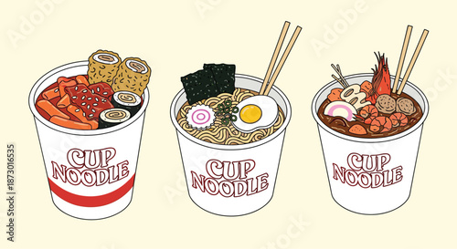 Trio of instant cup noodles with different flavors and toppings like shrimp, egg, and seaweed, presented in white containers.