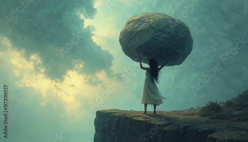 Woman carries giant rock on cliff edge. She is in a long white dress. Heavy burden represents challenge struggle determination or inner strength. Overcoming obstacles is key theme.