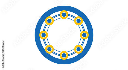 Technical illustration of a blue and yellow industrial ball bearing, showing internal components in a circular mechanical design.