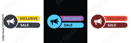 Set of three colorful exclusive sale badges featuring microphone icons, ideal for promotions, discounts, or advertising campaigns in vector format.