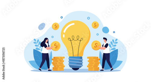 Collaborative business team funding a large glowing lightbulb with gold coins, representing investment in new creative ideas.