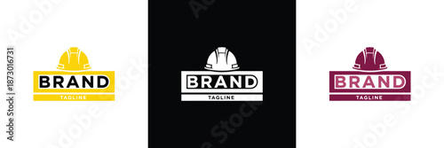 Vector illustration showcasing three minimalist brand logo designs in yellow, black, and purple color schemes, each featuring a stylized icon and tagline.