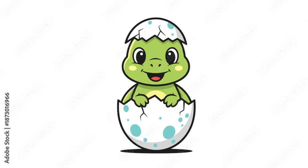 Obraz premium Adorable baby turtle smiling as it hatches from a blue speckled eggshell on white background.