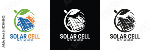Three stylized solar cell vector logos featuring renewable energy themes, sun, and leaf designs on white and black backgrounds.