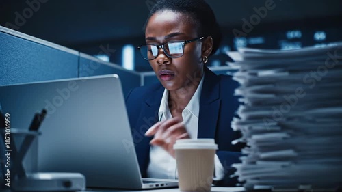 Woman Working Late at Office Desk.