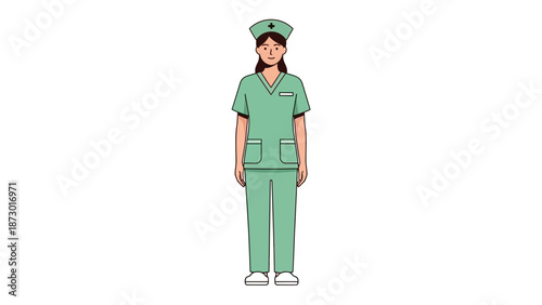 Female Nurse in Mint Green Scrubs and Cap Standing Isolated