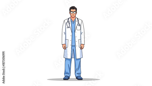 Male Doctor in Lab Coat and Scrubs with Stethoscope on White Background