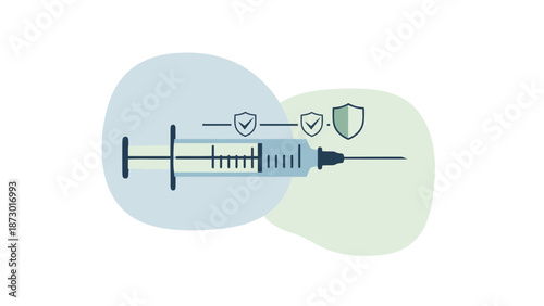 Medical syringe with shield icons symbolizing vaccination and protection