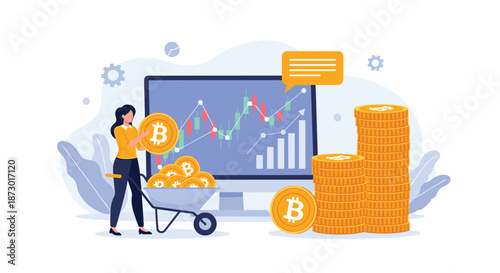 Successful businesswoman transporting a wheelbarrow full of bitcoins in front of computer monitor showing financial trading charts.