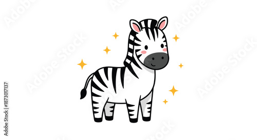 Cute baby zebra illustration with black and white stripes surrounded by golden sparkling stars on a white background.