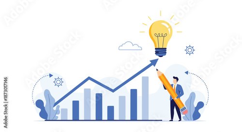 Ambitious businessman drawing an ascending growth arrow with a large pencil leading towards a glowing lightbulb of inspiration.